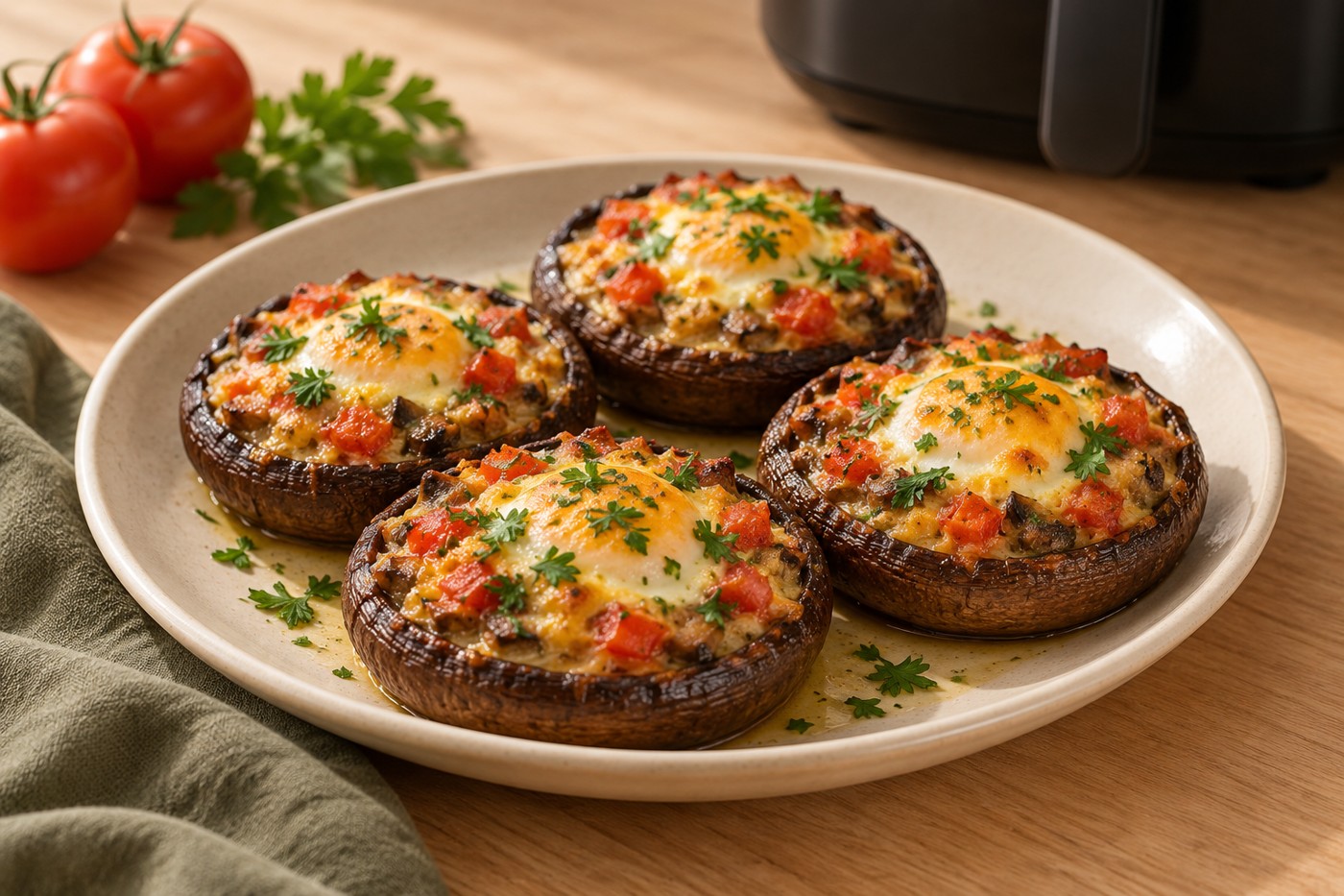 Portobellos mit Ei und Tomaten, Abbildung des Gerichts aus dem Rezeptbuch